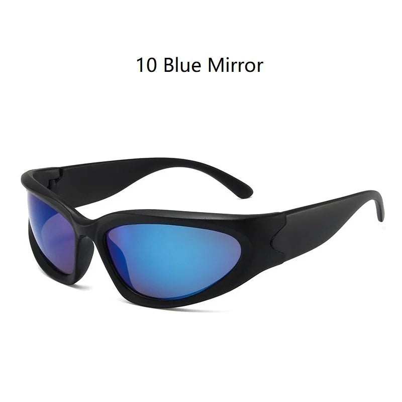 A pair of black sunglasses with blue mirrored lenses and a retro Y2K style frame.