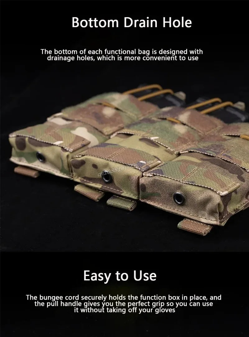 Tactical magazine pouch designed with drainage holes and secured by a bungee cord for easy use