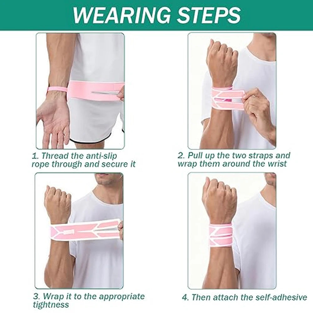 Wearing steps showing how to apply a dual wrist support brace for relief
