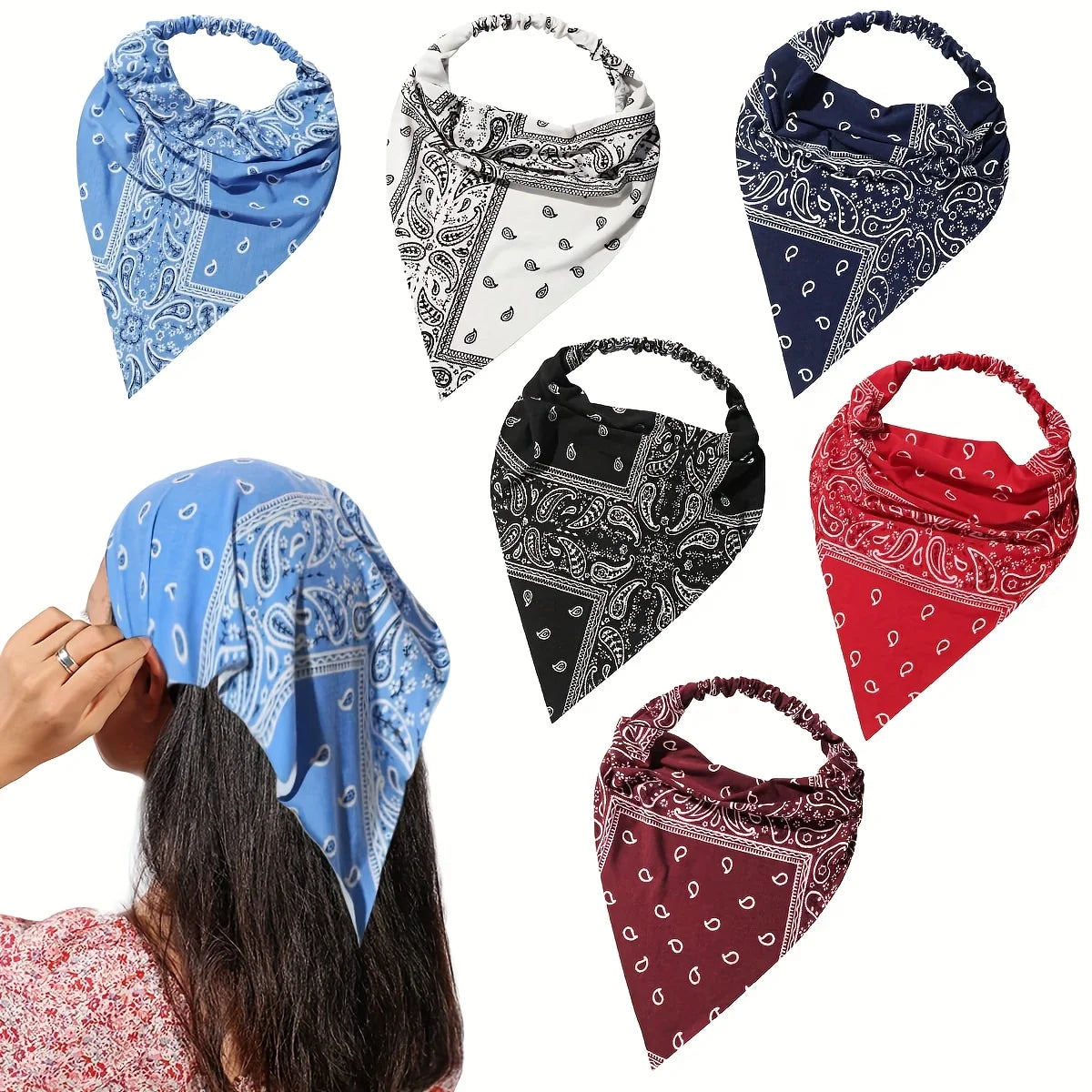 Colección de nueve pañuelos triangulares boho paisley en varios patrones azules, blancos y rojos.