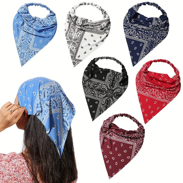 A collection of nine boho paisley triangle headscarves in various blue, white, and red patterns.
