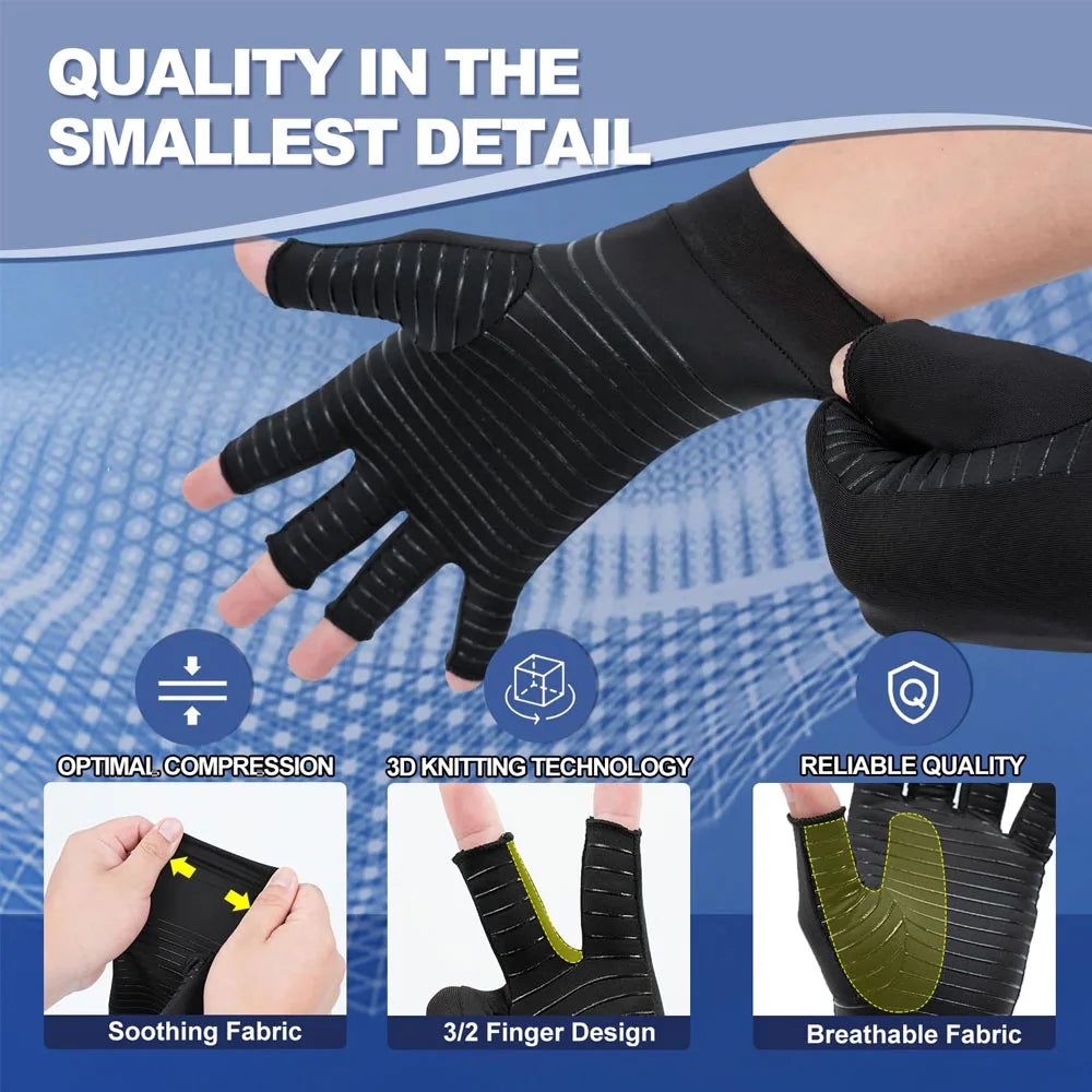 Black compression gloves featuring soothing fabric, 3D knitting technology, and reliable quality for joint support.