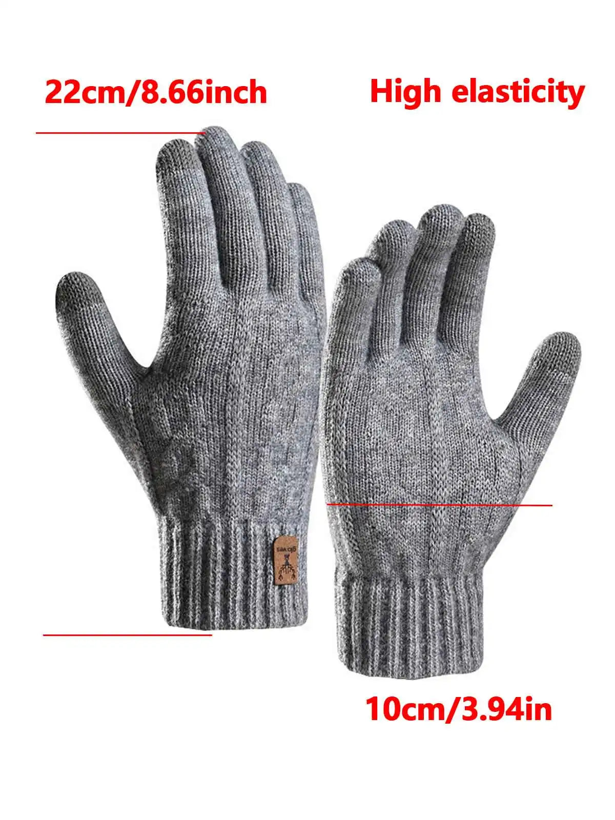 Gray knitted winter gloves with high elasticity and a 22cm length.