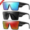 Tres pares de gafas de sol grandes UV400 en tonos azules, negros y naranja.