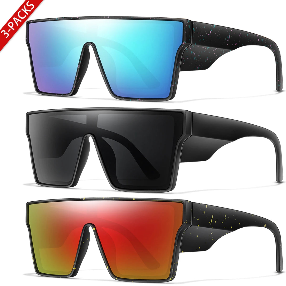 Tres pares de gafas de sol grandes UV400 en tonos azules, negros y naranja.