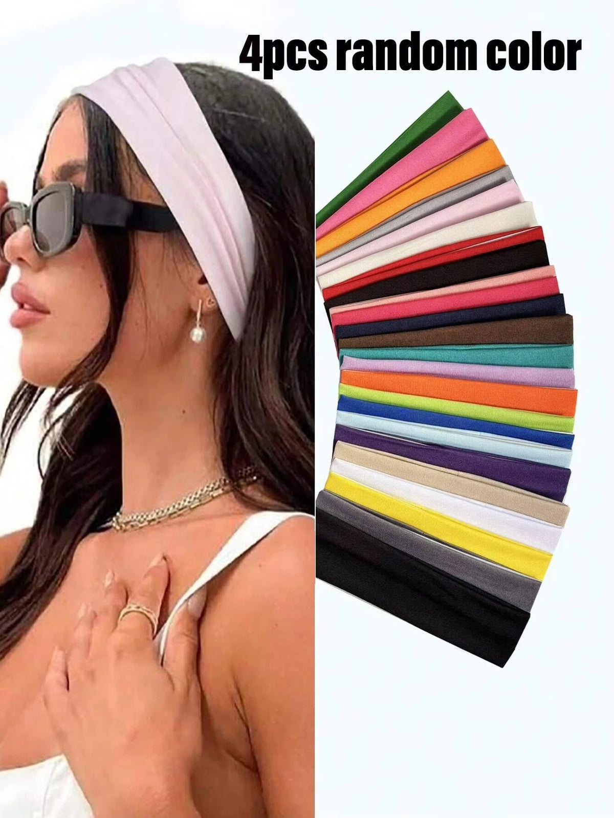 Four random colored anti-slip elastic headbands displayed on a model's hair and face.