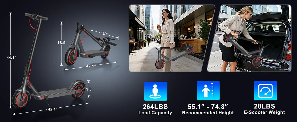 A high-performance electric scooter for adults shown in various angles with specifications like load capacity and weight.
