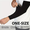 Schwarze Einheitsgröße Sportarm-Sleeves, die enganliegende Kompression und 4-Wege-Stretch zeigen.