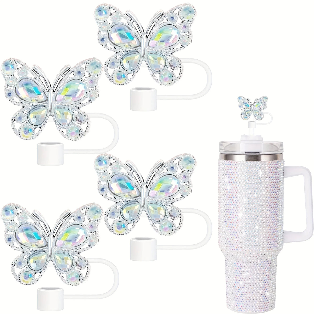 Un ensemble de quatre emporte-mur pour pailles en silicone en forme de papillons transparents avec des poignées blanches.
