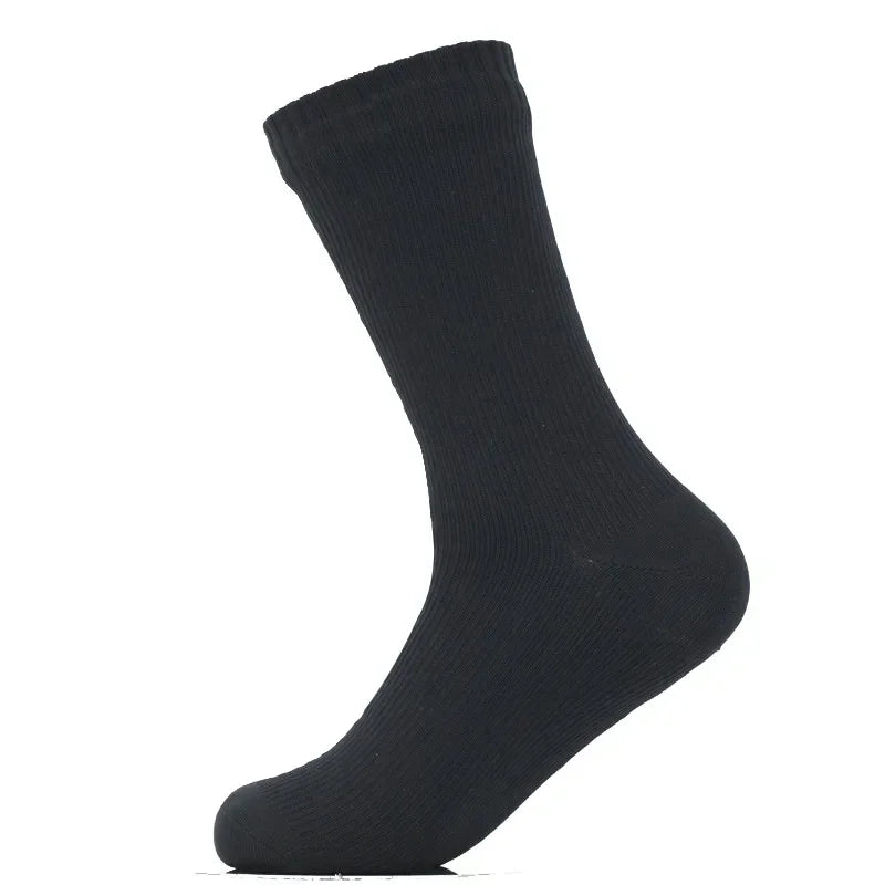 A black waterproof breathable hiking sock shown in a profile view.