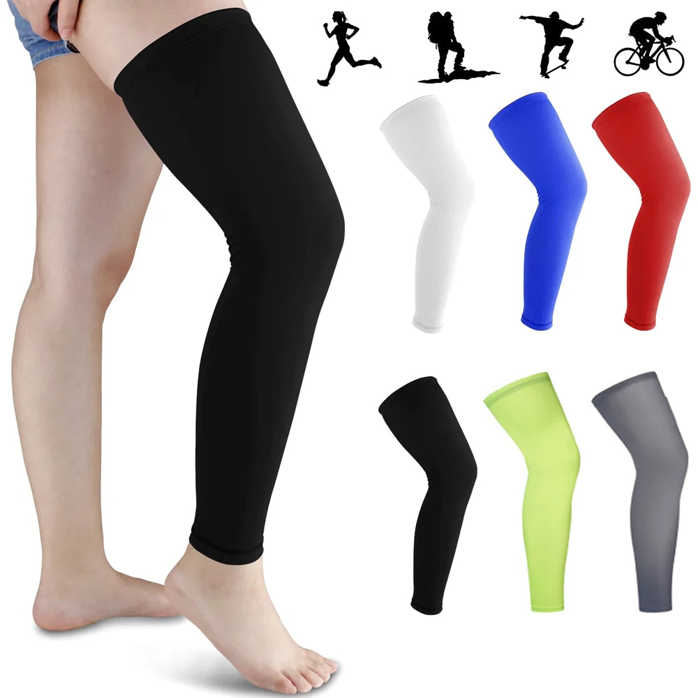 Various colors and styles of full leg compression sleeves shown on a person's leg.