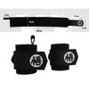 Black heavy-duty weightlifting wrist straps shown with various measurements and packaged grips