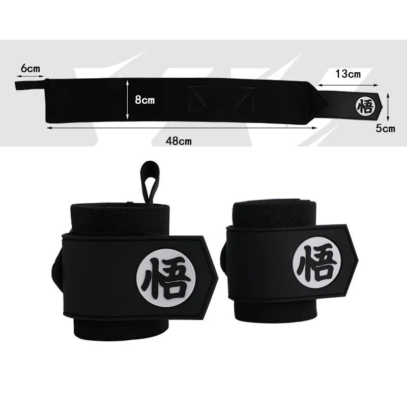 Black heavy-duty weightlifting wrist straps shown with various measurements and packaged grips