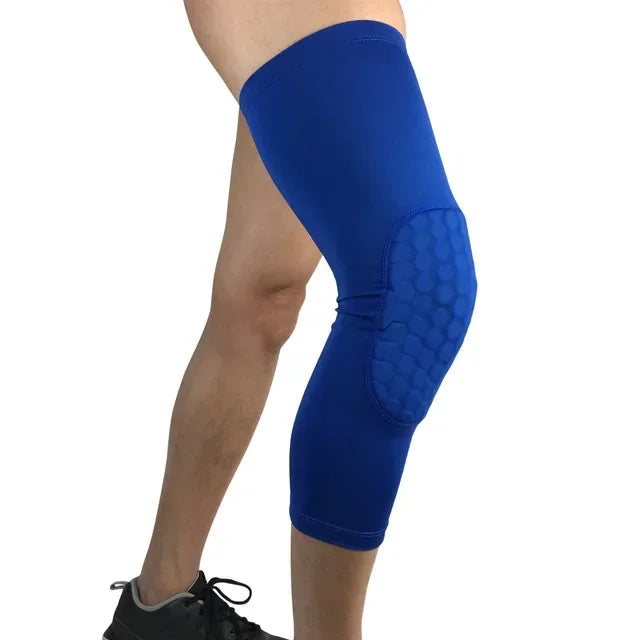 A person wearing royal blue compression knee pads for sports and gym.