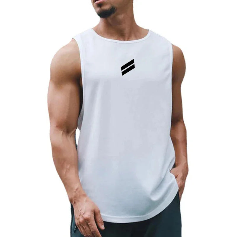 A man wearing a white sleeveless sports tank top with black stripes on the chest.