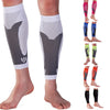 A set of calf compression sleeves in various colors and patterns shown on a leg.