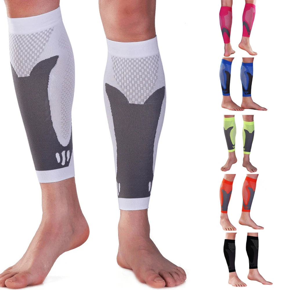 A set of calf compression sleeves in various colors and patterns shown on a leg.