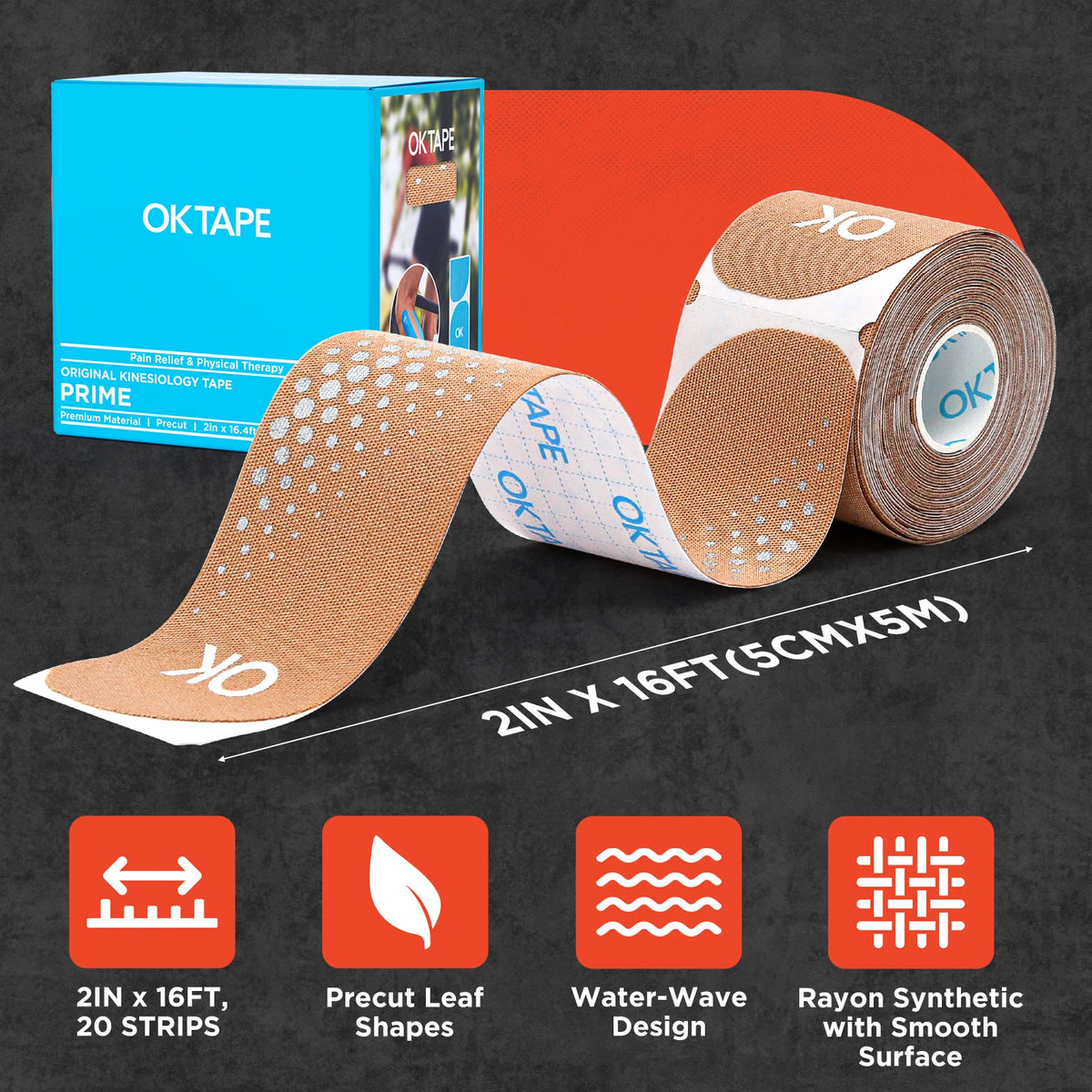 Roll of beige kinesiology tape with OK logo showing various features like precut leaf shapes and water-wave design