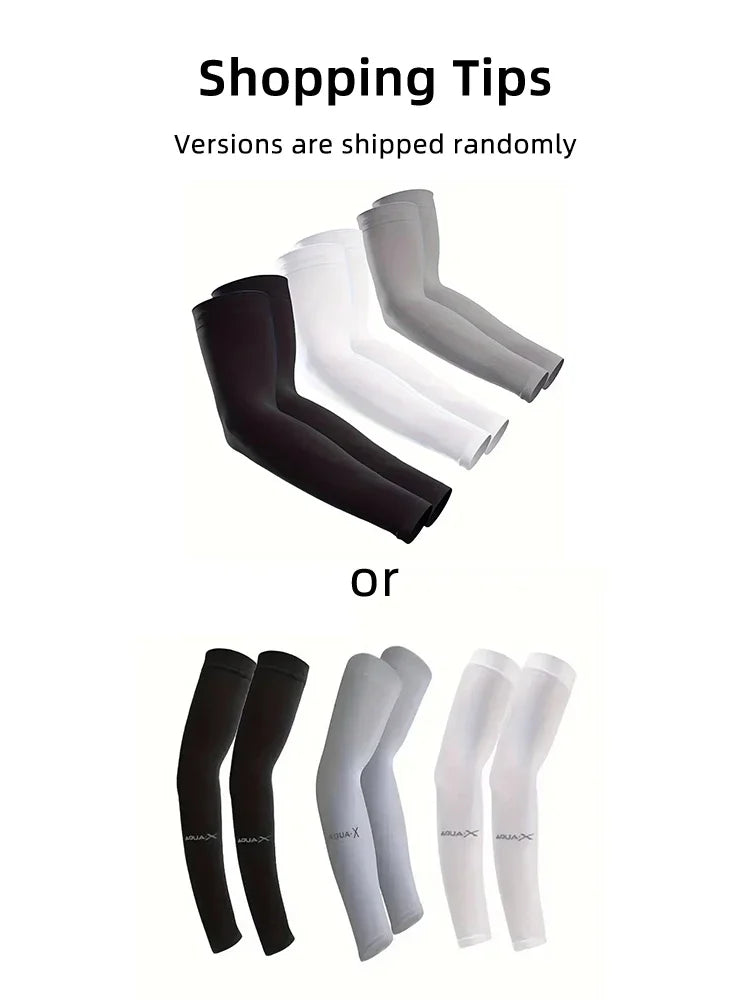 Una colección de varias versiones de manguitos de brazo para enfriamiento en negro, blanco y gris.