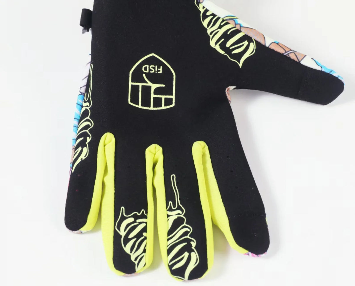 Gants de motocross noirs avec paumes jaune fluo et un logo géométrique à l'arrière