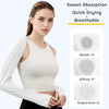 A woman models white ice silk sun protection arm sleeves showing sweat absorption and quick drying features.