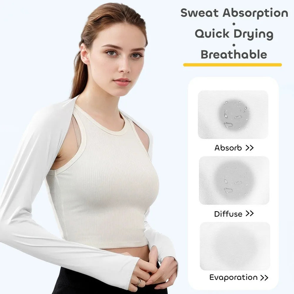 A woman models white ice silk sun protection arm sleeves showing sweat absorption and quick drying features.