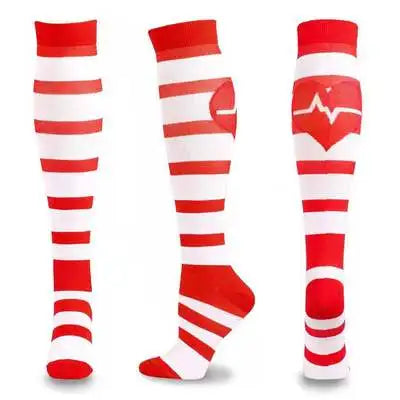 A set of red and white compression socks for circulation and support.