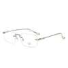 Frameless rectangle eyeglasses with thin metal arms and clear lenses