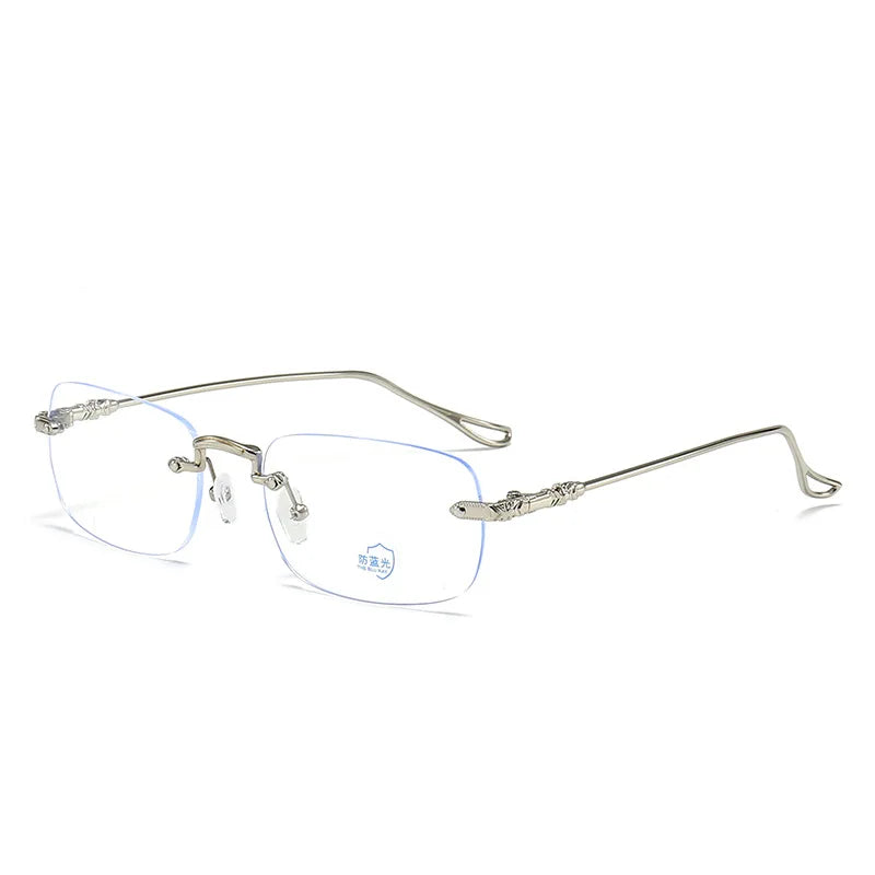 Frameless rectangle eyeglasses with thin metal arms and clear lenses