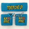 Two blue embroidered cotton sports wristbands with yellow text saying NEVER GIVE UP and U ME ME