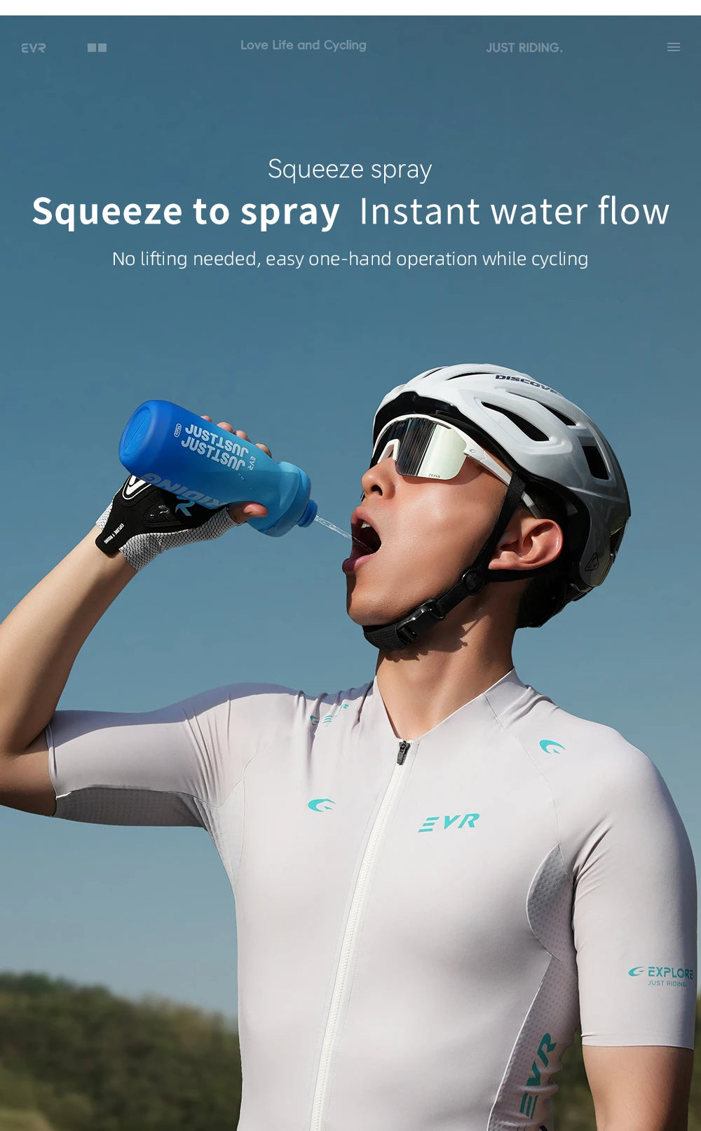 A cyclist is squeezing a blue spray bottle to create an instant water flow during cycling.