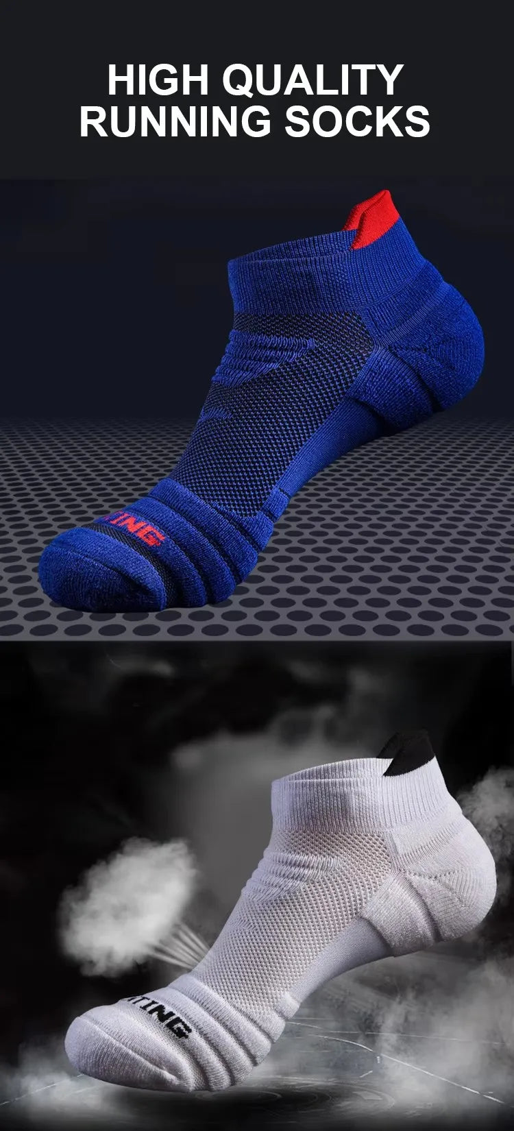 A pair of blue running socks is shown, with a second pair of white athletic socks in the background.