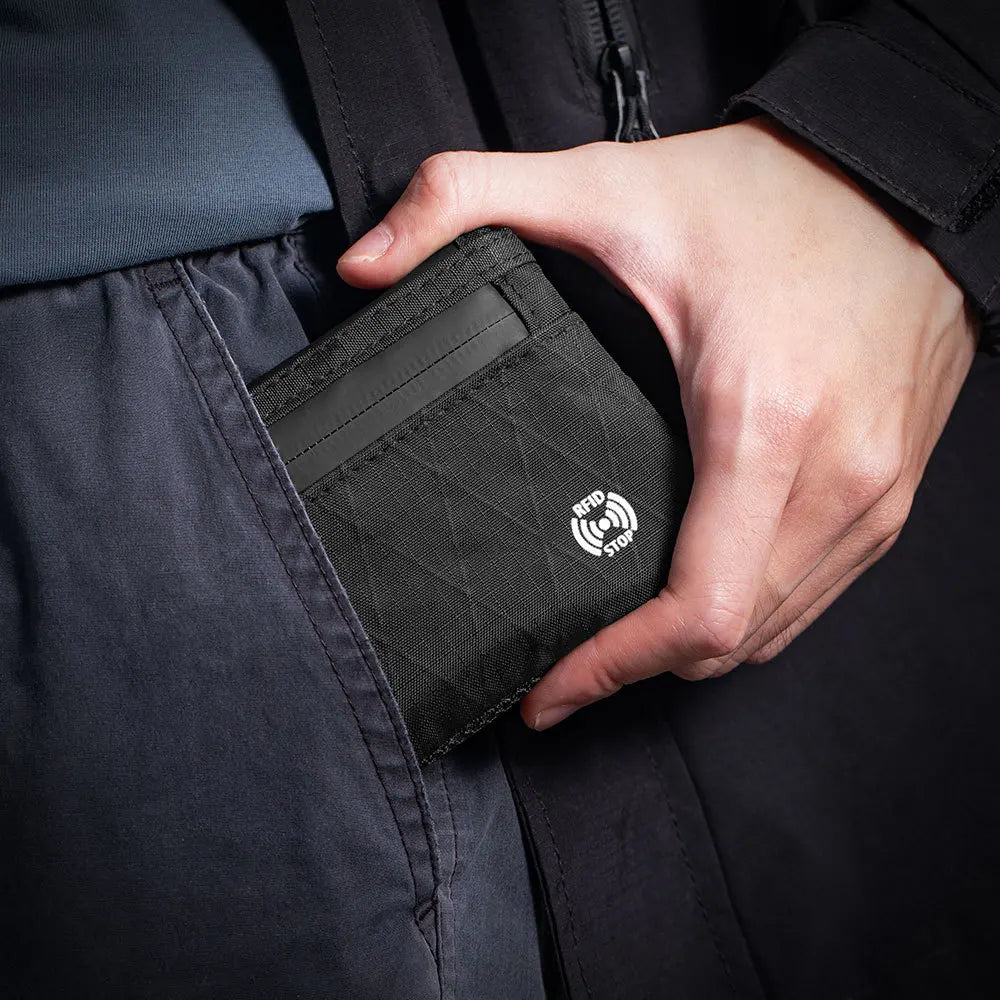 A hand is holding a black slim RFID blocking wallet inside a dark garment pocket.