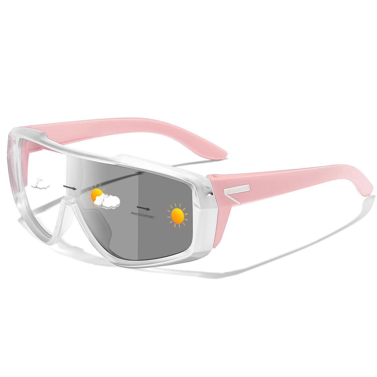 Pink photochromic sports sunglasses with a flexible frame and lens