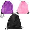 Three drawstring bags in purple, pink, and black nylon fabric displayed against a white background.