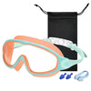 A pair of orange swim goggles with a light blue frame and a black storage pouch and silicone tips