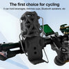 A black universal rotating cup holder is mounted on a bicycle handlebar, designed to hold beverages and other items.