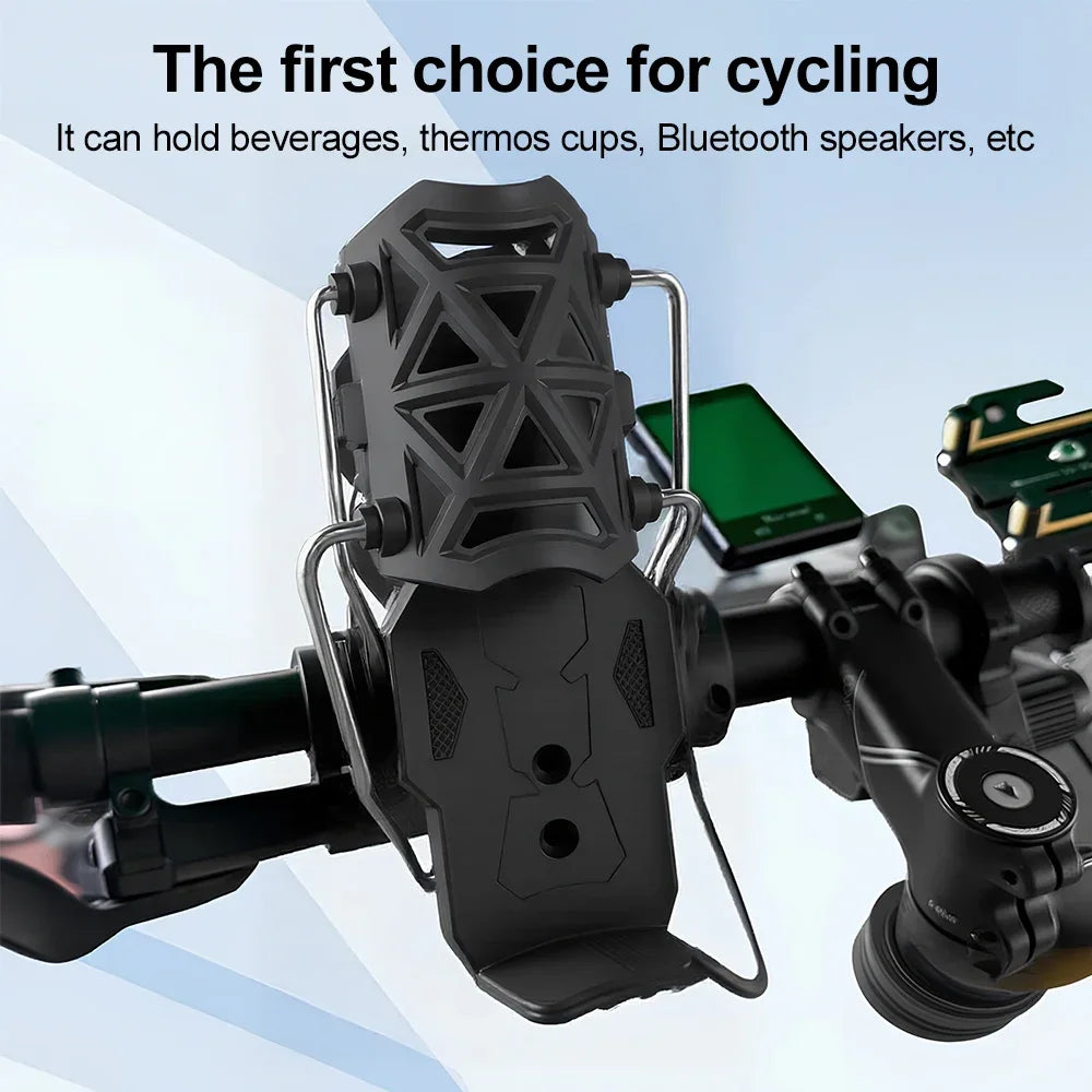 A black universal rotating cup holder is mounted on a bicycle handlebar, designed to hold beverages and other items.