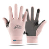 A pair of pink summer ice silk sun protection gloves with a gray palm and fingers.