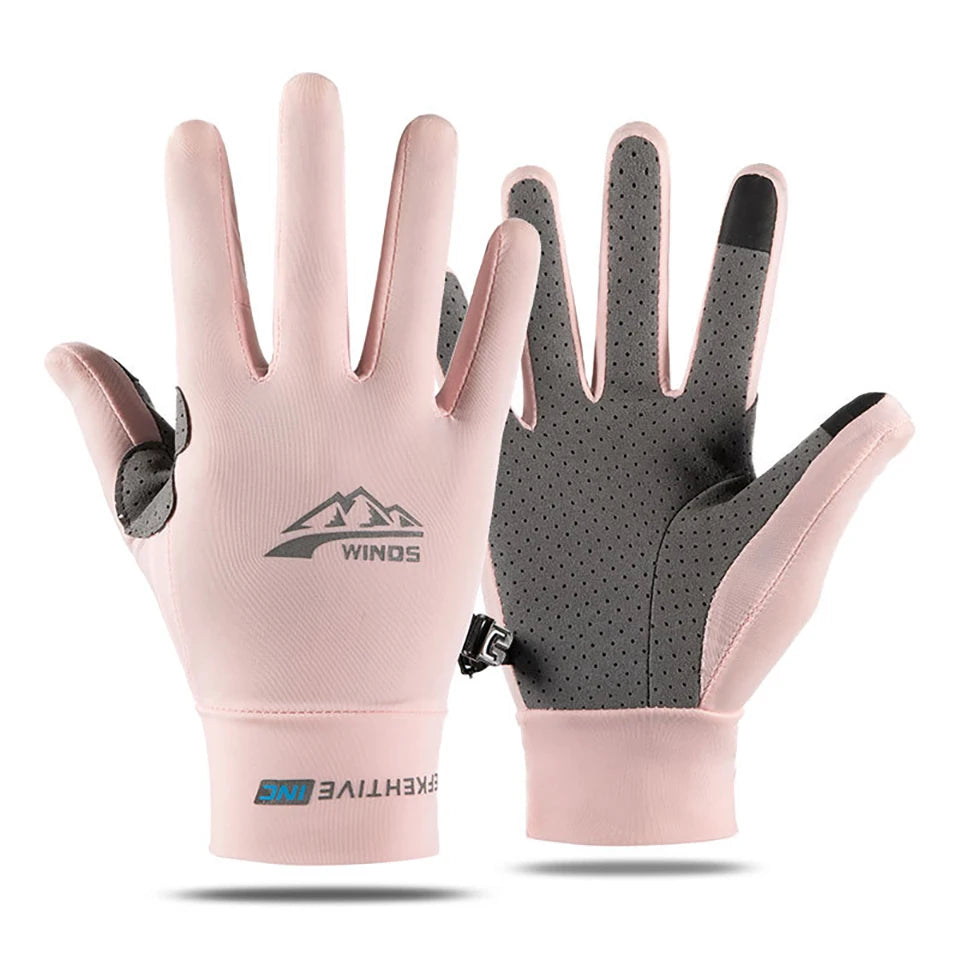 A pair of pink summer ice silk sun protection gloves with a gray palm and fingers.