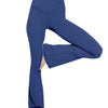 A person wearing royal blue high-waist crossover flare leggings.
