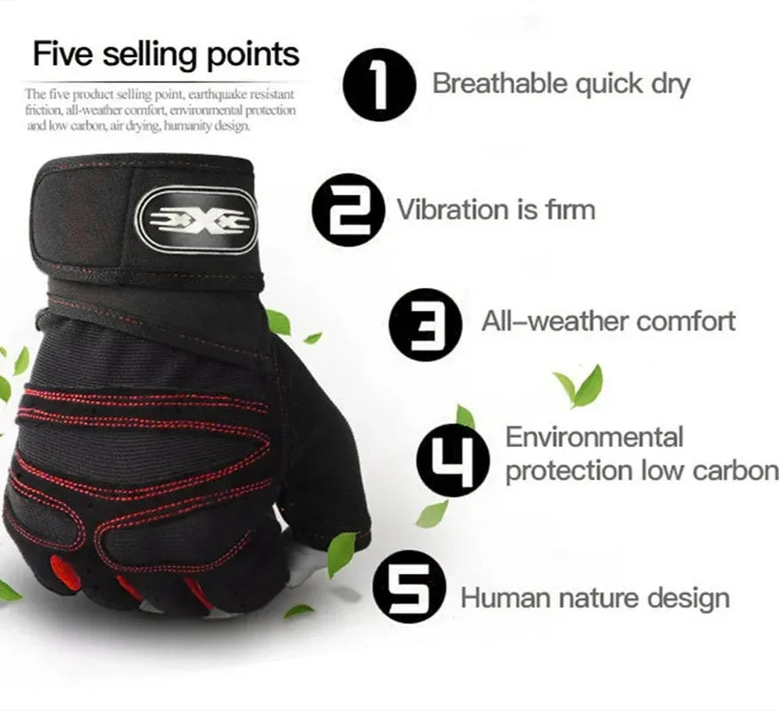 Five selling points listed next to a black fingerless sports glove with wrist support.