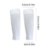 White football training socks and shin guards set displayed vertically with dimensions.