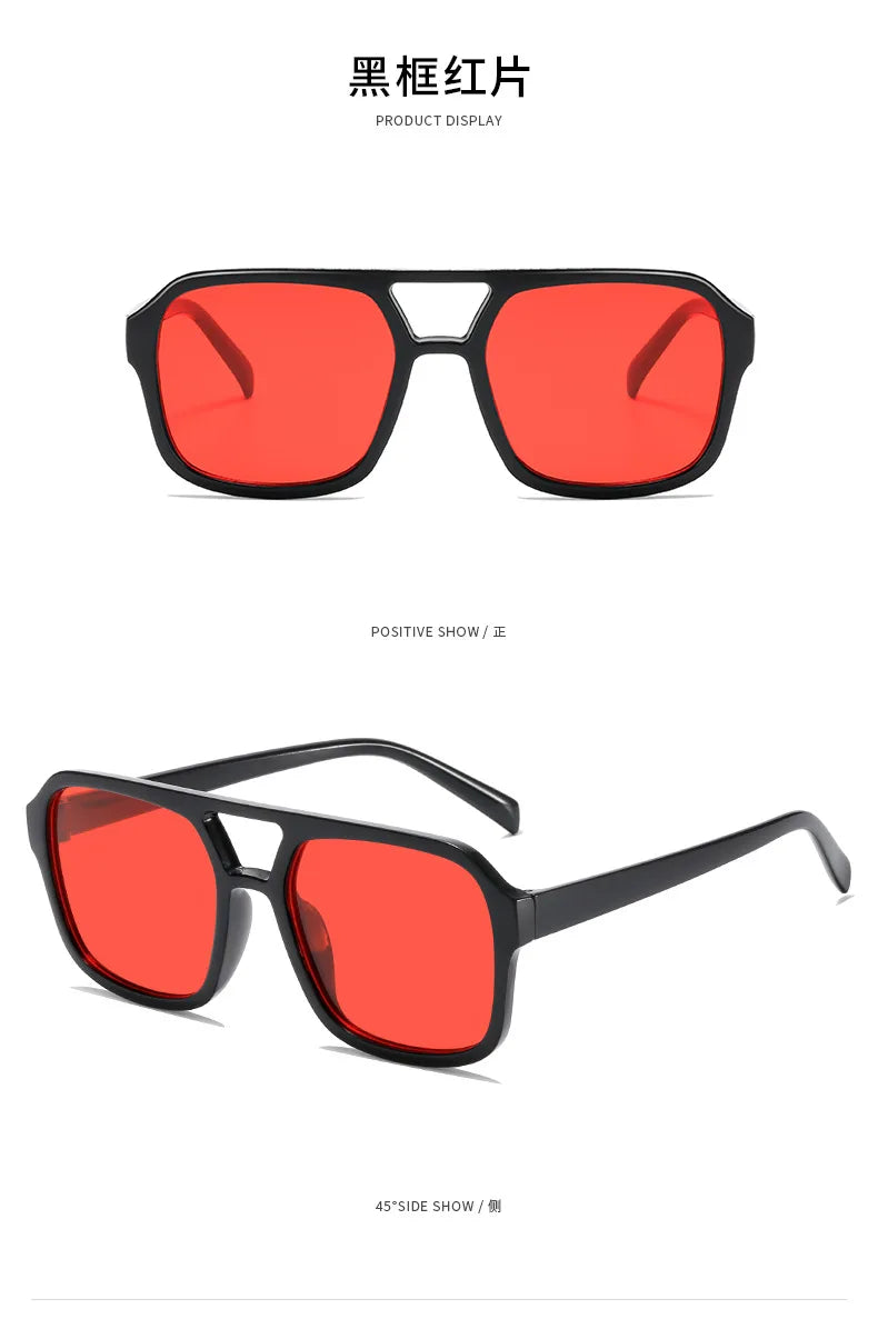 Eine schwarze Sonnenbrille mit leuchtend roten Linsen in verschiedenen Ansichten.