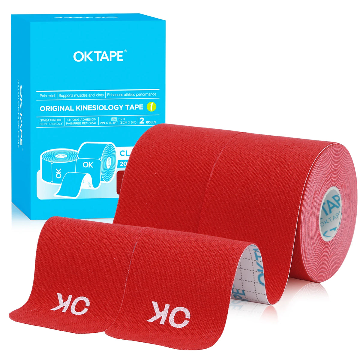 A roll of red OKTAPE kinesiology tape is shown next to its blue packaging box.