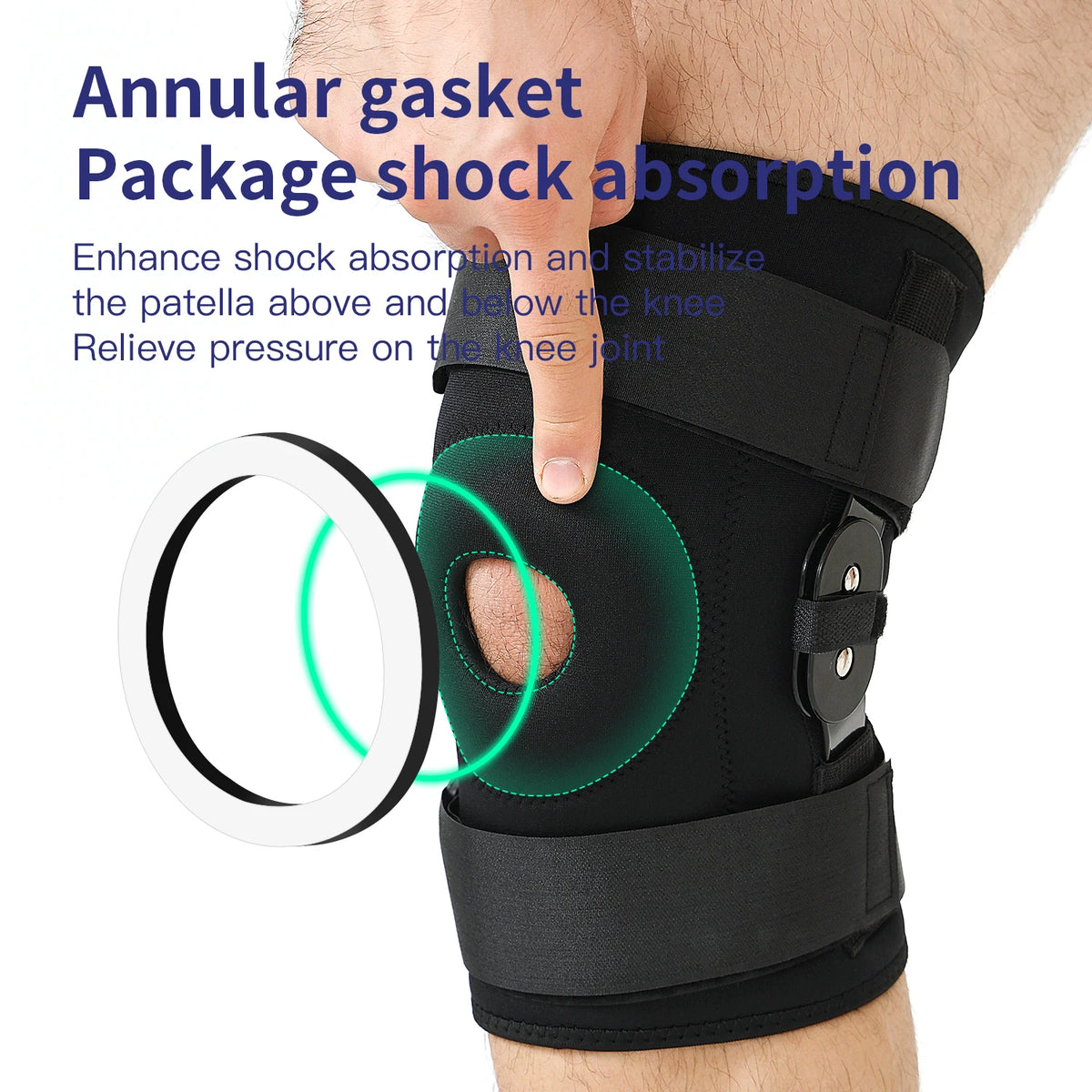 A hand is applying an annular gasket package shock absorption knee brace to a person's knee joint.