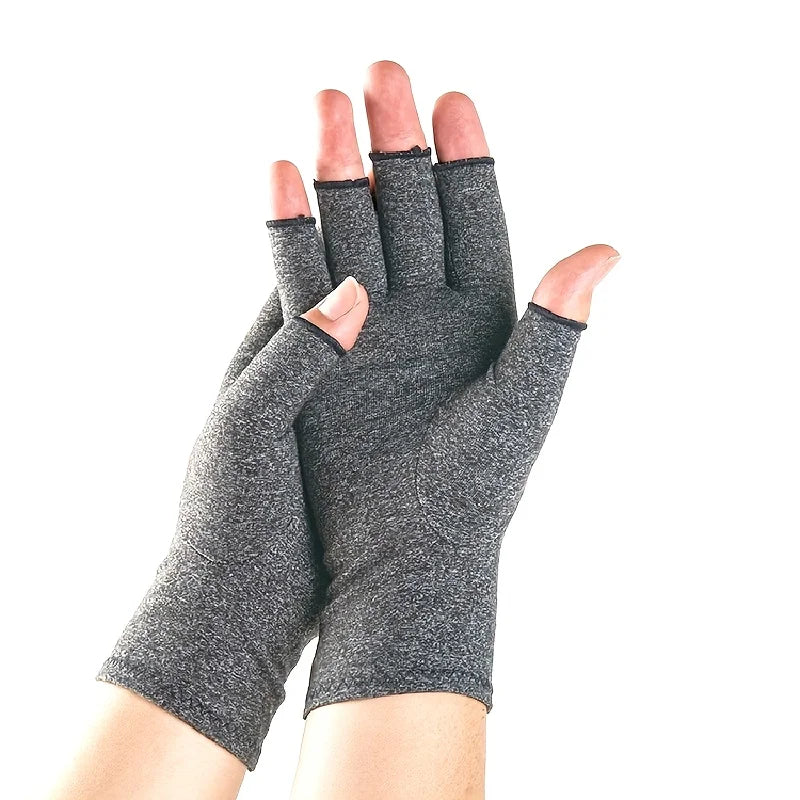 A hand wearing fingerless breathable gloves for outdoor or typing use.