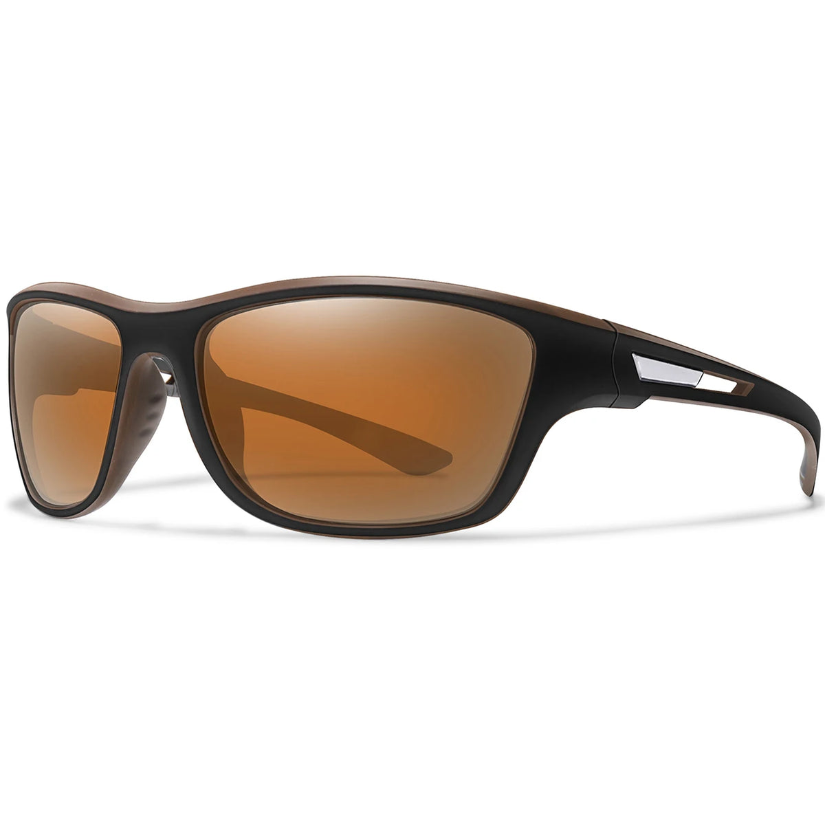 Brown-tinted polarized cycling sunglasses with black frames shown against a white background.