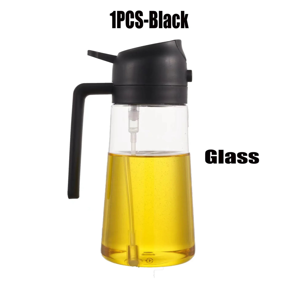 A black glass oil sprayer bottle with a handle and a spout, filled with yellow oil.