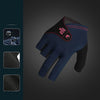 A dark blue snooker pool glove with a black wrist strap and red stitching, shown against a dark background.